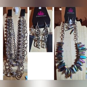 Paparazzi LOT of 2 Zi Collection Silver, Gunmetal, Black, Oil Spill Necklaces